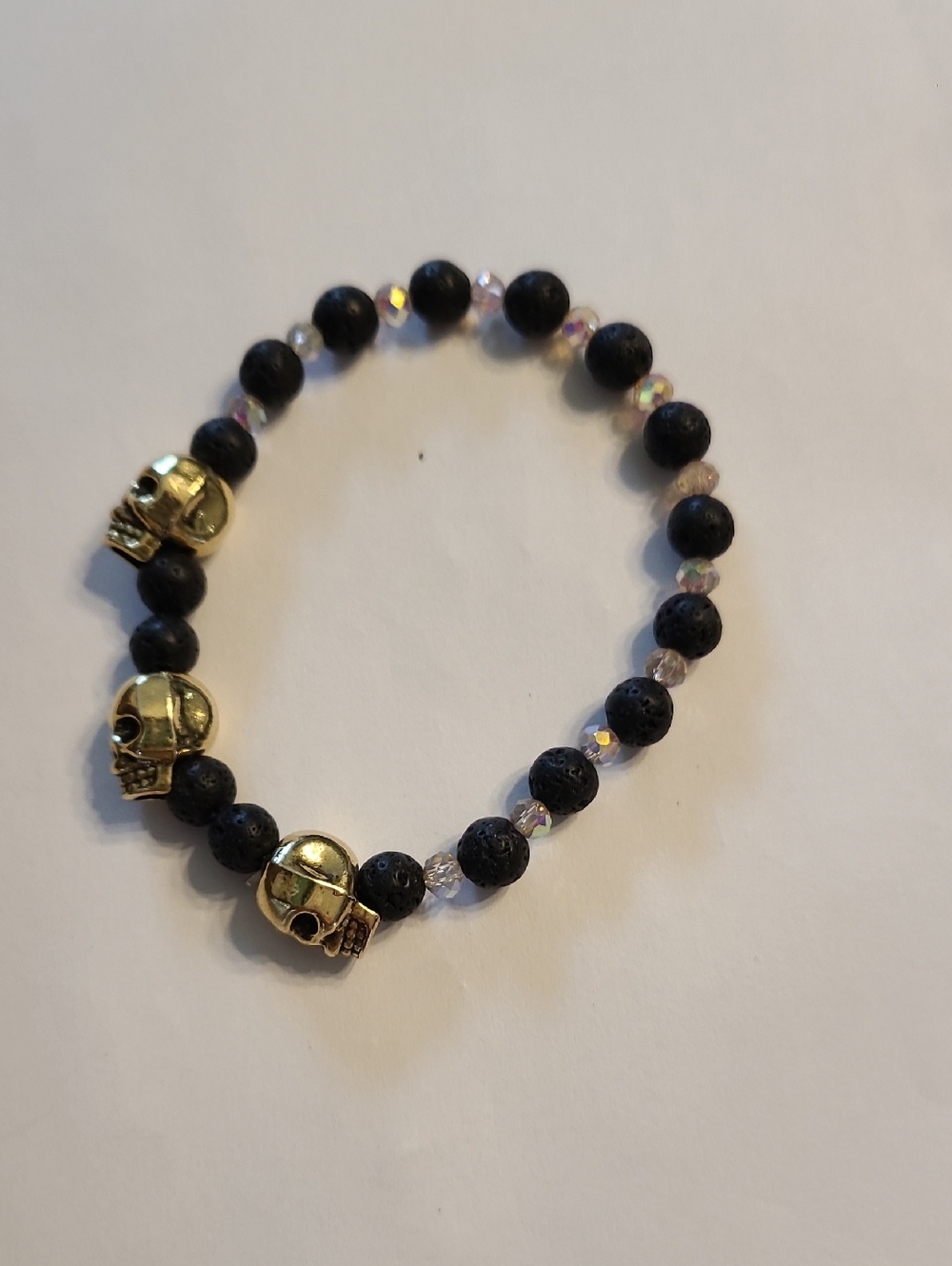 Skull Charm Black Lava Bead Bracelet with Crystal Accents